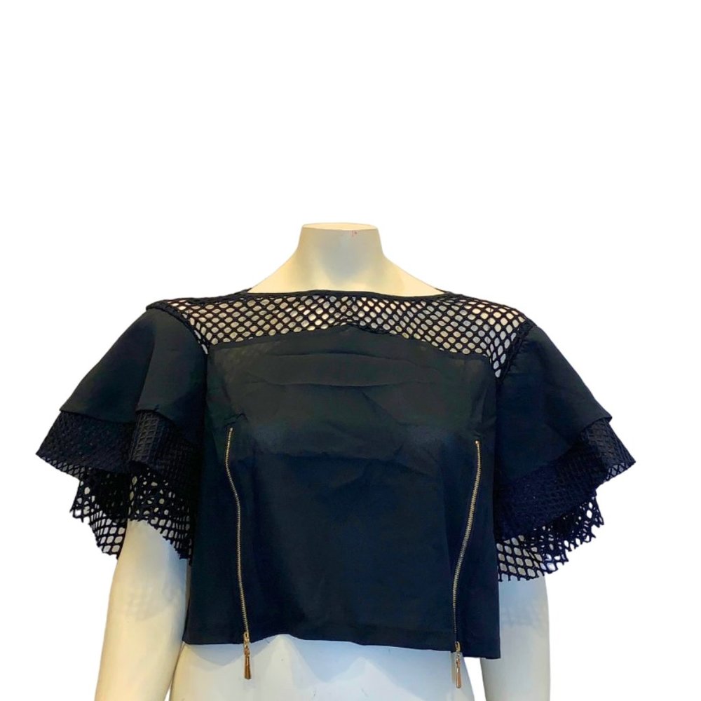 Black Crop Top  Fishnet Blouse with Gold Zippers